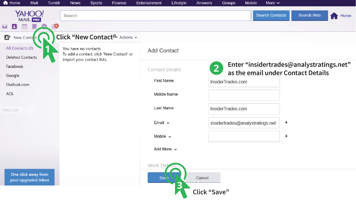 showing how to whitelist Insider Trades in your Yahoo mail account